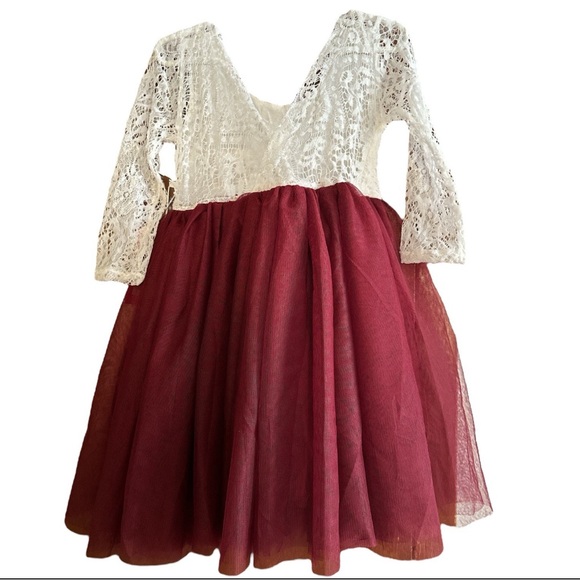 Girls’ Vintage Floral Lace Tulle Tutu 3/4 sleeve knee short. Burgundy size 4T - Picture 5 of 10